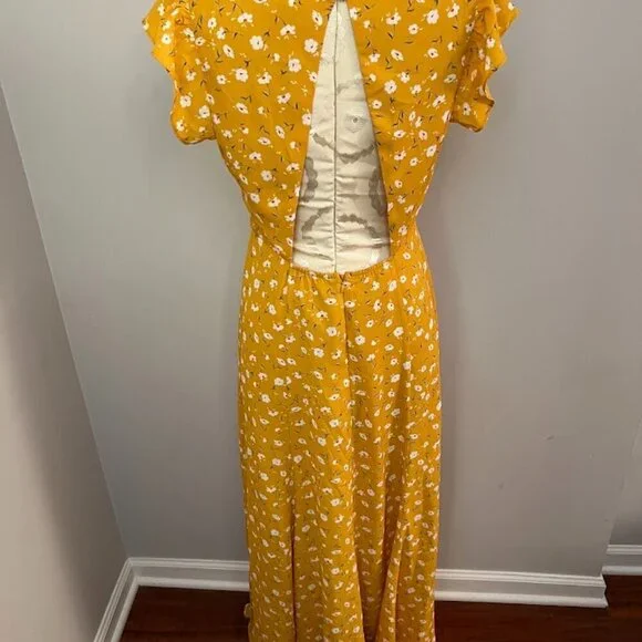 Lulus Women Size M Mustard Yellow Floral Print Backless Maxi Dress Slit - Picture 4 of 6